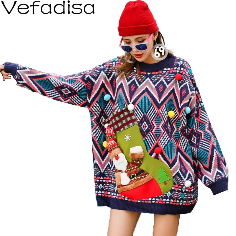 Vefadisa Argyle Christmas Sweater Woman 2019 Winter Pullovers Casual O-Neck Thick Loose Blue Apricot QYF1228 | Женская одежда