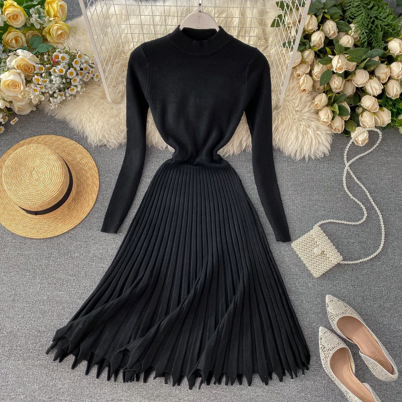 Винтажное теплое платье, Vestido de festa, тонкий осенний зимний вязаный свитер, миди платья для вечеринок, ТРАПЕЦИЕВИДНОЕ женское плиссированное платье