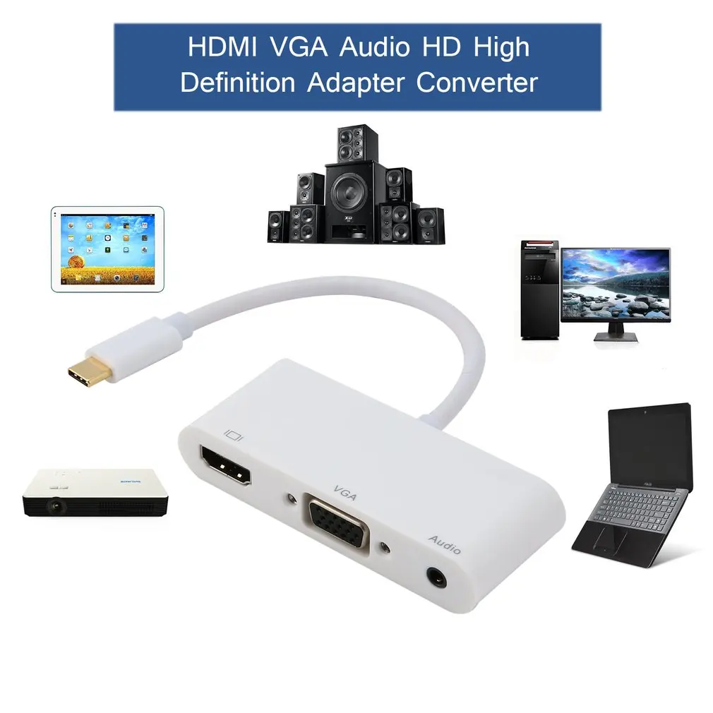 Высококачественный USB 3,1 тип-c к HDMI VGA Аудио HD адаптер высокой четкости конвертер с тип-c к VGA кабель Белый