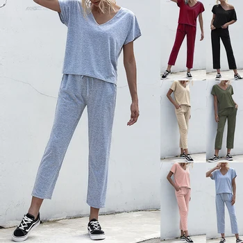 

Sleepwear Nightwear Women cutton v neck Solid Color short sleeve Pajamas Suit Casual Loose Home Night suits Female Pijamas D30