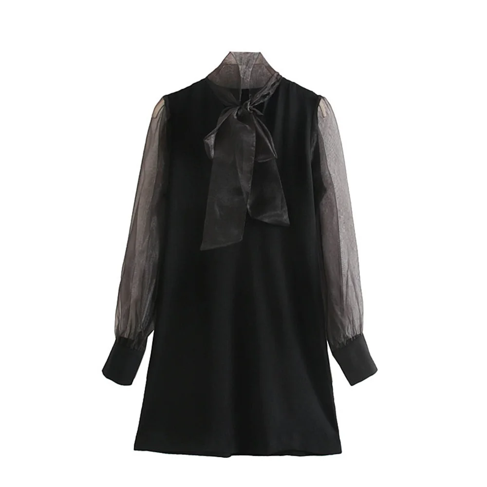 Осень 2019 женское Новое прозрачное короткое платье с воротником стойкой и длинным