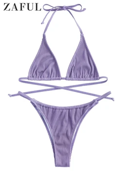 

ZAFUL Women Micro Bikinis Set String Swimsuit Sexy Solid Color Two-Piece Swimwear Bathing Suit Bandage Push Up Summer Beachwear