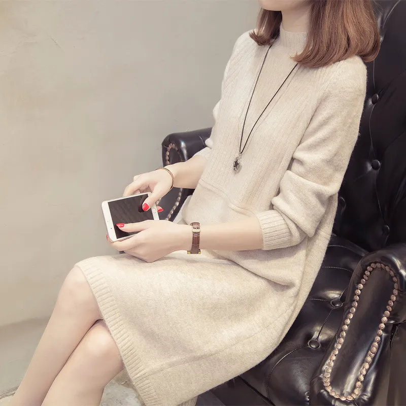 Comprar Vestido de Jersey de cuello alto 2019 para mujer moda Otoño e Invierno Jersey de punto suéter vestido de mujer de manga larga