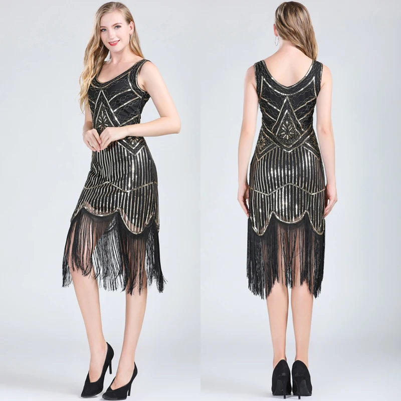 Womens 1920s Gatsby Dress V Neck Sequin Bead Fringed Cocktail Hem Flapper Dress
