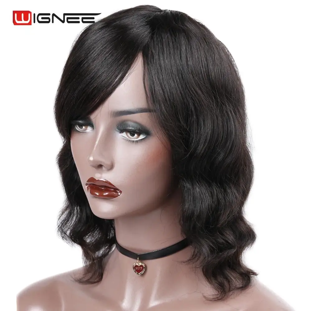 Wignee Short Human Hair Wigs With Free Bangs For Black/White Women Remy Hair Machine Made Glueless Deep Wave Natural Human Wigs