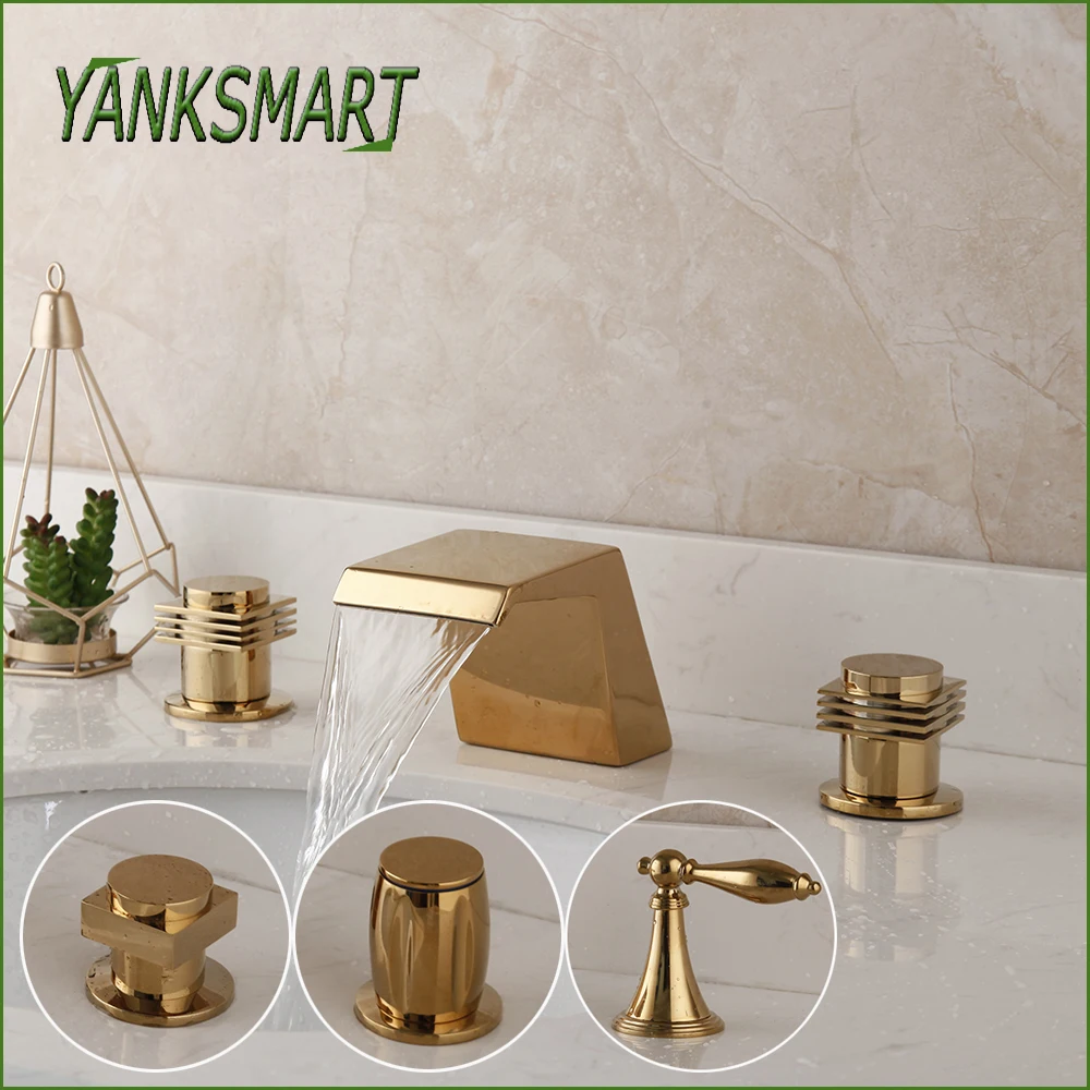 YANKSMART 3 Pcs Golden Plated Bathroom Bathtub Faucets Waterfall Spout Dual Handles Faucet Deck Mount Hot &amp Cold Mixer Water Tap |