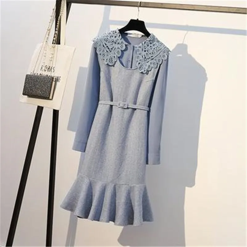 

2 Piece Set 2019 autumn large size women's Winter long vest High waist Dress Lase Lapel t-shirt Elegant OL Casual two Piece suit