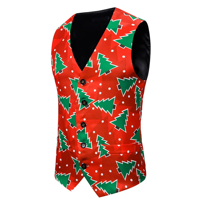 Mens 3D Christmas Red Vests Men Christmas Tree Waistcoat New Year Party Dance Gilet Men Vest Casual Slim Fit Male Chaleco Hombre