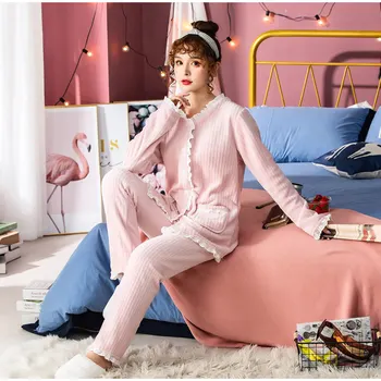 

Flannel Lace Kawaii Pajamas Sets Women Patchwork Warm Two Piece Sets Sleepwear Female 2020 Autumn Winter Fashion Ladies Nightie