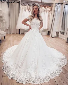

Vestido De Noiva Lace 2020 Wedding Dresses Off The Shoulder Appliques Lace-Up Back Arabic Princess Bridal Gowns Customized