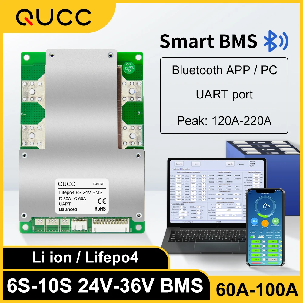 Qucc Smart BMS 10S 36V 8S 7S 6S 100A 80A 60A литий-ионный аккумулятор Lifepo4 24V UART Bluetooth bms с