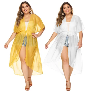 

Big Code Women's Wear Chiffon Strap Waist Loose Irregular Cardigan Beach Sun Protection Blouse 1054