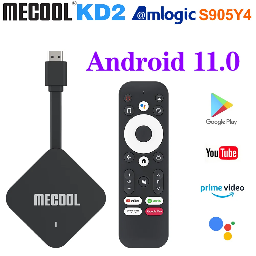 Global MECOOL KD2 Smart TV Box Android 11 ATV Google Certified TV Stick Amlogic S905Y4 4GB 32GB 4K Wifi BT AV1 TV Dongle global mecool km2 netflix españa 4k tv box android 10 atv google certified 2gb8gb ddr4 dolby wifi prime video tvbox set top box