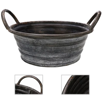

Round Shallow Vintage Style Iron Metal Planter Pot with Handles Galvanized Herb Planter with Basket Storage Handle
