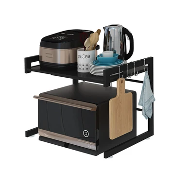 

Kitchen Microwave Storage Rack Black Double Layer Retractable Oven Rack Multifunctional Table Top Seasoning Storage Rack