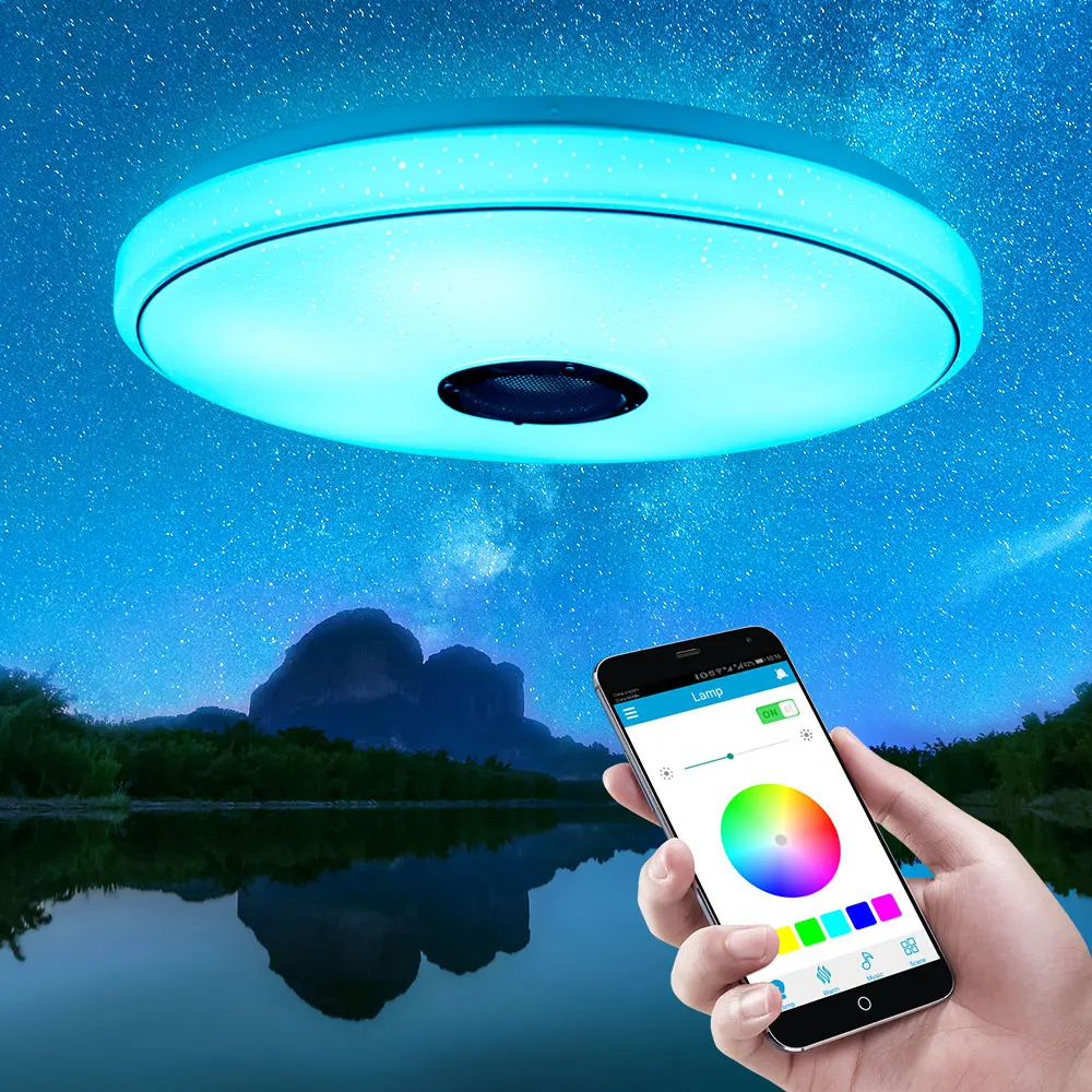 36W Rgb Flush Mount Round Starlight Music Led Ceiling Light Lamp With Bluetooth Speaker, Dimmable Color Changing Light Fixture