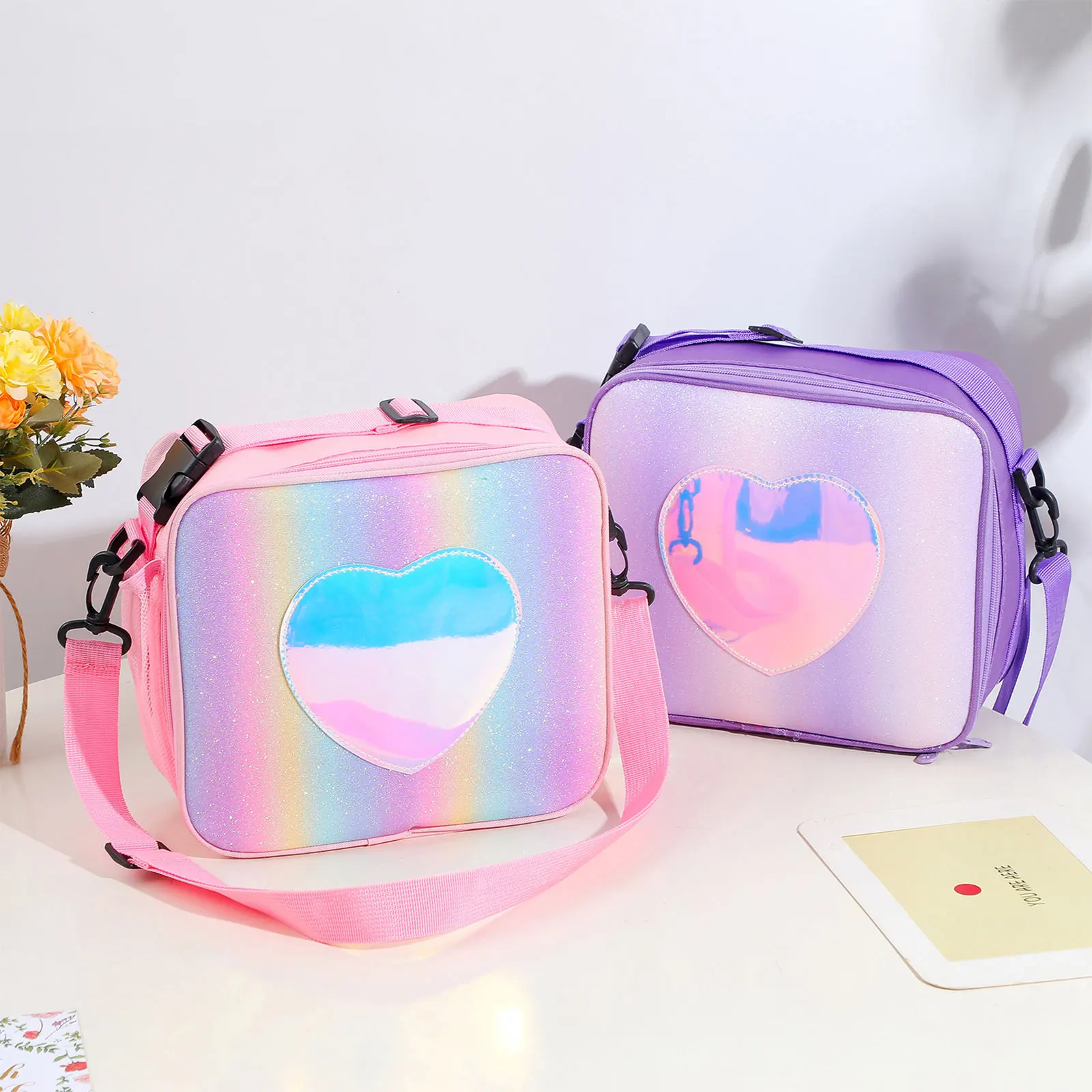 Holographic Heart Lunch Tote Box Lunch Bag Container with Adjustable Shoulder Strap