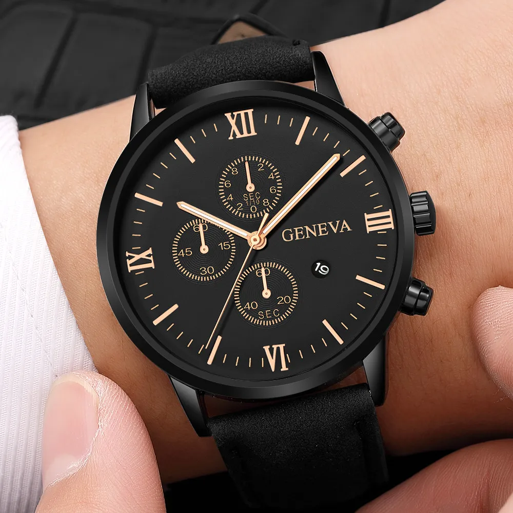 

Geneva Men Watch Fashion Date Alloy Case Synthetic Leather Analog Quartz Sport horloges mannen relojes para hombre marca de lujo