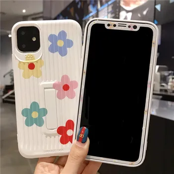 

For iPhone 11 pro max /XS Max flowers back Case Tempered Glass Screen film for iPhone X XR 7 8 6s Plus fresh Cover 8plus holder