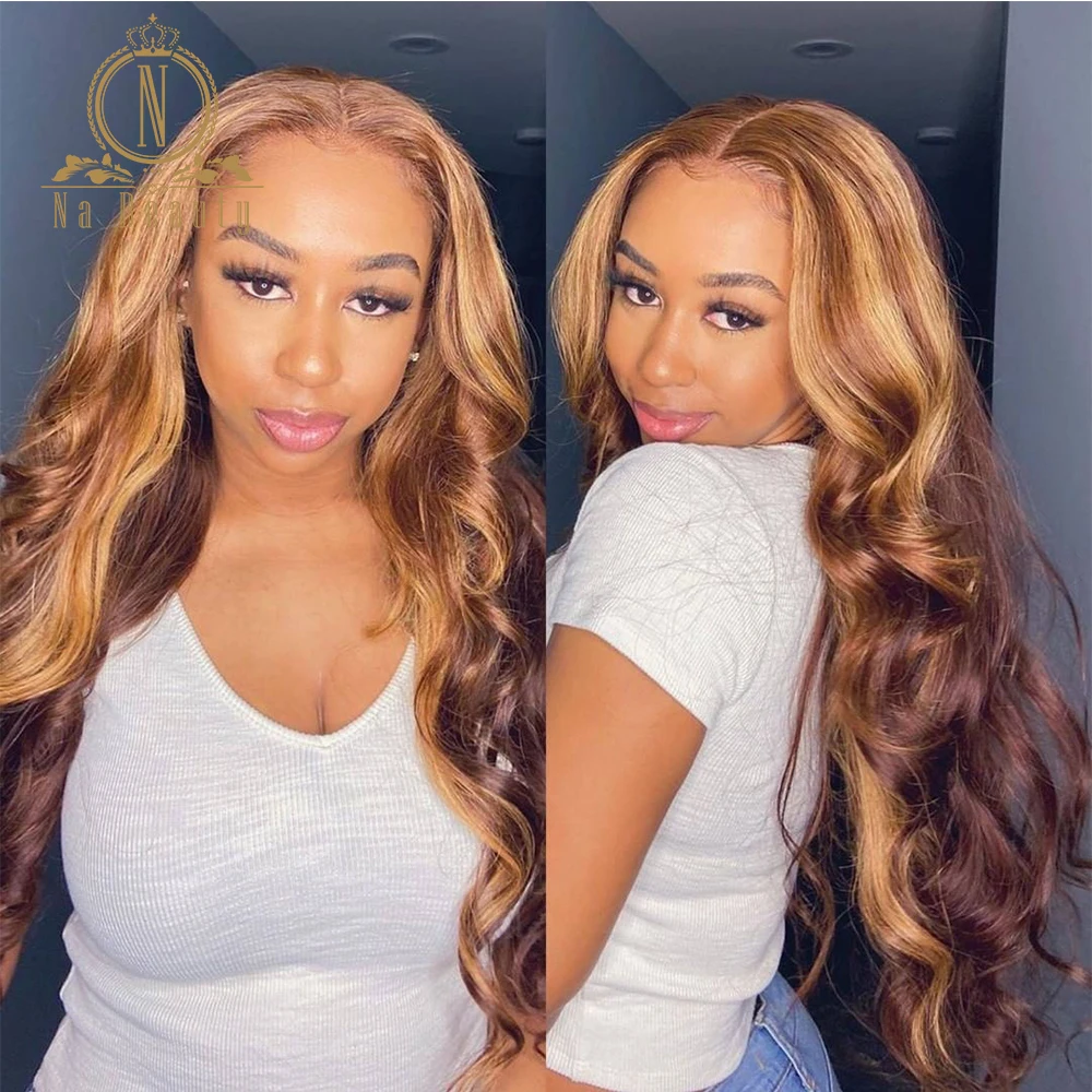 Frente do Laço Perucas de Cabelo Peruca de Renda Onda do Corpo Loira Destaque Humano Transparente Ombre Colorido Nameauty Remy 180 Densidade 13x4 hd 5 High Quality Apliques e perucas