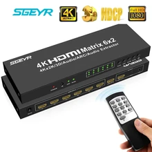 Sgeyr 4 k x 2 k hdmi matrix switch 6x2 matriz switcher 6 em 2 para fora hdmi 1.4 divisor com controle remoto + spdif extrator de áudio