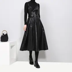 Зимнее базовое платье 2019 весеннее Новое корейское женское модное тонкое кожаное платье из искусственной кожи с ремешком a-Line Longuettebu черное