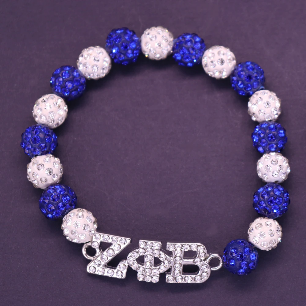 Handmade Elastic White Blue Crystal Disc Ball Beads Greek Letters Sorority Zeta Phi Beta Bracelet Bangles ZOB Symbol Jewelry | Украшения и