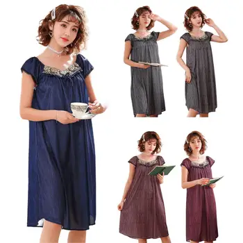 

Sexy Night Dress Women Short Sleeve Night Gown Women Floral Brim V Neck Sexy Nightwear Women Plus Size Night Dress Sleepwear