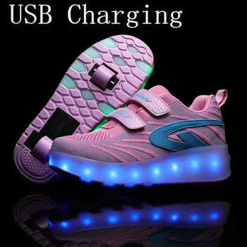 

New Pink USB Charging Fashion Girls Boys LED Light Roller Skate Shoes For Children Kids Sneakers With Wheels Two wheels