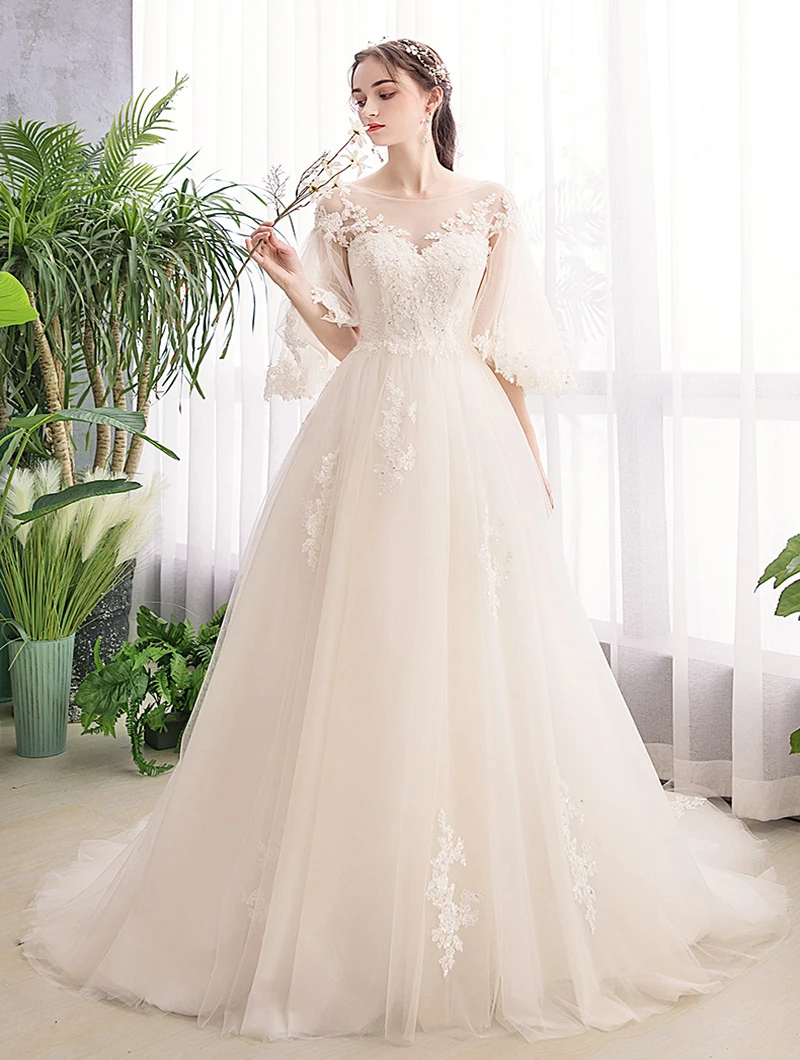 Женские сапоги средней длины с длинными рукавами Новая robe de marie с кружевной аппликацией-трапеция с коротким и длинным подолом, свадебные платья для невесты свадебное платье vestido de noiva