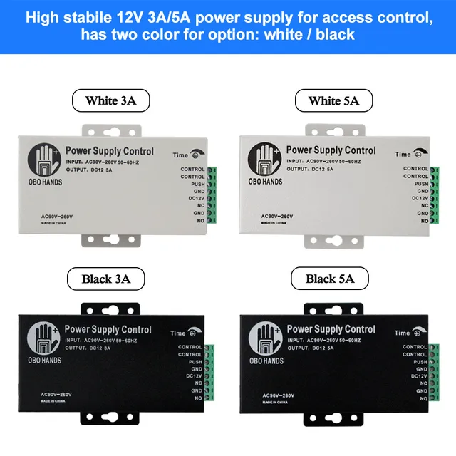 OBO HANDS 12VDC Access Control Power Supply Switch 3A/5A Time Delay Adjustable AC90V-260V Input NO/NC Output for 2 Electric Lock 6