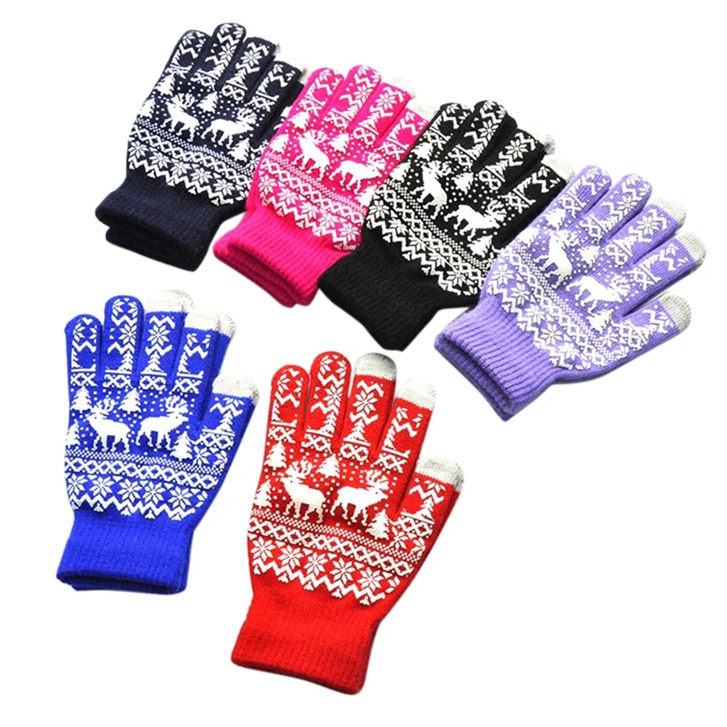 

6 Pairs Winter Keep Warm Knitting Mittens Christmas Elk Gloves Men Women Wool Knit Plus Velvet Christmas Snowflake Glove