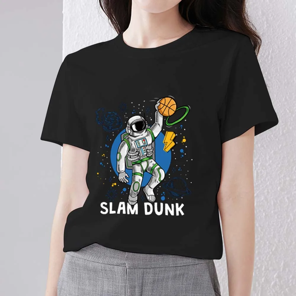 

Casual Fashion T-shirt Black Women's Trend Cartoon Astronaut Print Series Pattern Round Neck Ladies XXS－XXL Slim Commuter Top