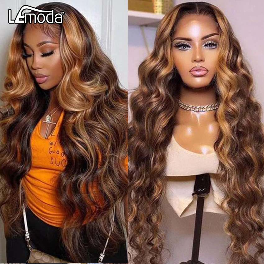 

13x6 Body Wave Ombre Highlight Lace Wig Brown Colored Human Hair Wigs HD Lace Frontal Wig Lace Front Human Hair Wig 30Inch