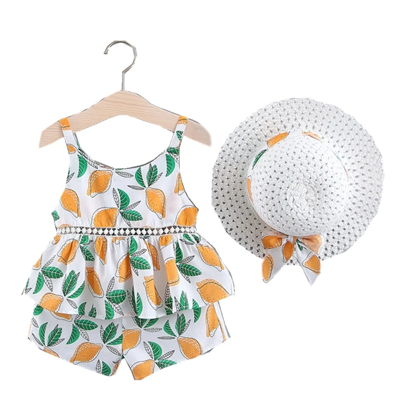 

Toddler Baby Girl Clothes Set Sleeveless Suspenders Tops & +Shorts+Straw Hat 3 pcs Newborn Set Summer Thin Cotton Infant Outfit