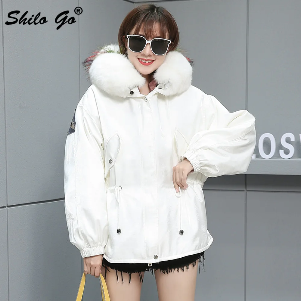 Fur Parkas Highstreet Embroidered Eagle Printed Real Fox Fur Collar Hooded Plus Size Rabbit Fur Lining Coat Women Winter Outwear