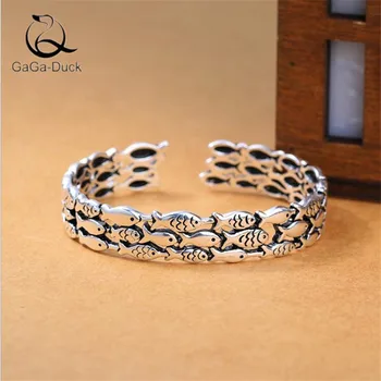 

New Atmosphere Fish Retro Jewelry Bracelets Exquisite 925 Sterling Silver Creative Cute Fish Group Thai Silver Bangles B19