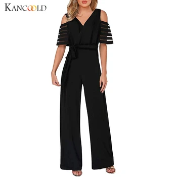 

KANCOOLD Plus Size Long Wide Leg Romper Overlay Embellished Black Strappy Cold Shoulder Jumpsuit Loose Solid Jumpsuit