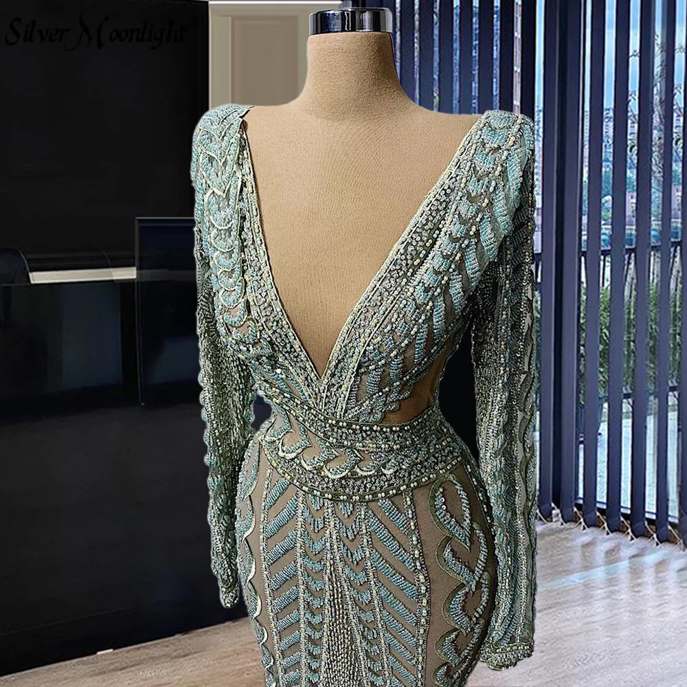 2023 Green Lace Evening Dress Mermaid Beaded Longue Robes for Party Vestido De Novia Gowns Arabic Custom Made