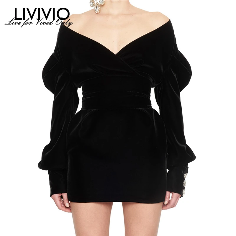 

[LIVIVIO] Sexy Party Dress For Women Off Shoulder V Neck Puff Long Sleeve High Waist Dresses Female 2019 Autumn Korean Fashion