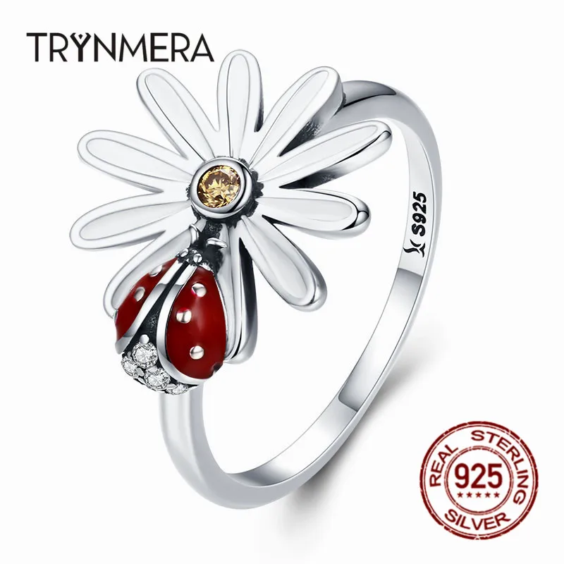 Trynmera 925 пробы Серебряный цветок и Божья коровка Страна Чудес кольца для женщин