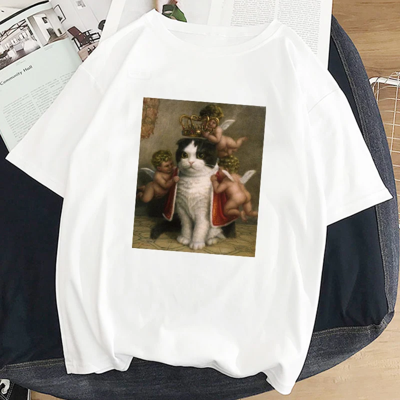 Пуловер с принтом ангела и кота, топы, женская мода, большие размеры, свободный круглый вырез, повседневная Летняя женская футболка ins Harajuku