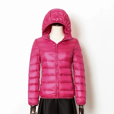 rose Red Hooded Размера плюс Для Женщин Легкая зимняя куртка-пуховик пальто 90% Белое пуховое пальто леди Зимнее пальто с капюшоном с длинным рукавом, тонкий теплый зимнее пальто - Цвет: rose Red Hooded