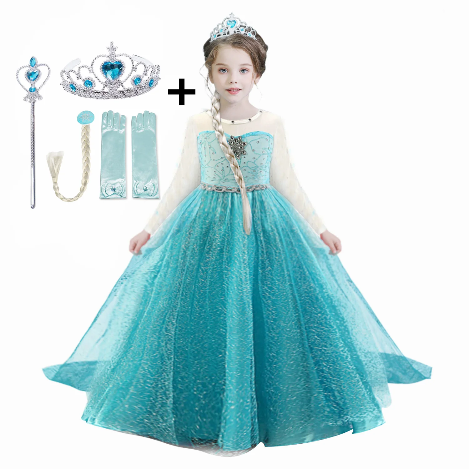 4-10T Girls Elsa Party Princess Dress Baby Girls Summer Elegant Long Sleeve Blue Dresses Birthday Party Fantasy Ball Anna Dress