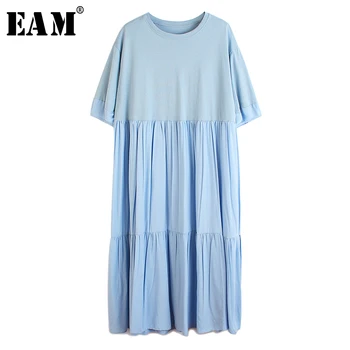 

[EAM] Women Blue Pleated Split Big Size Temperament Dress New Round Neck Half Sleeve Loose Fit Fashion Spring Summer 2020 1T094