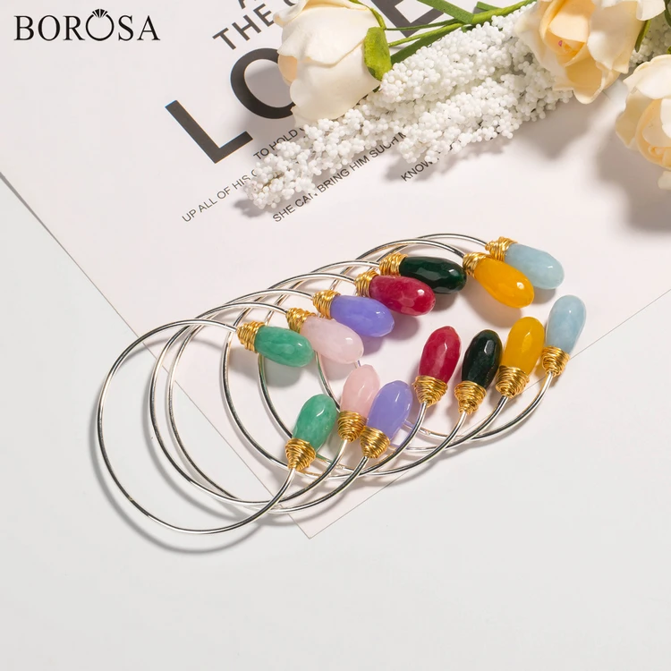 Красочные камни BOROSA в форме капли для женщин Золотая проволока открытые браслеты