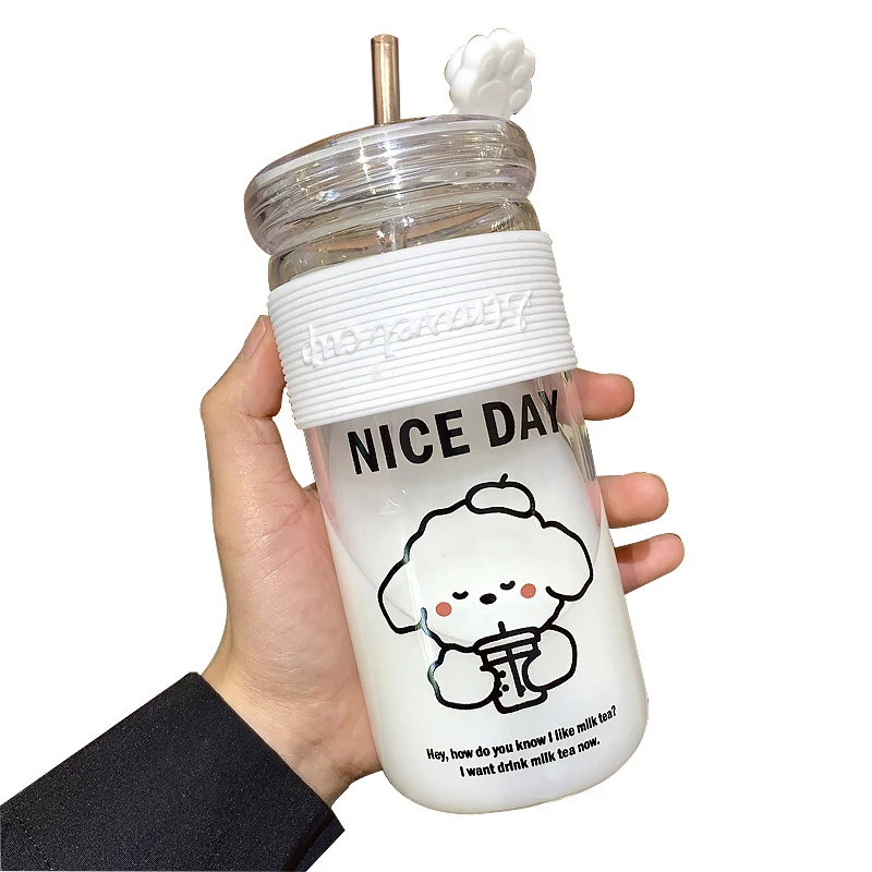 300ml Kawaii Boba Bear Glass Cup With Straw & Lid