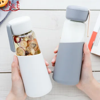 

400 ML Glass Water Bottle Healthy Leak Proof Drinking Portable Drinkware with Silicone Cover for Student Lovers