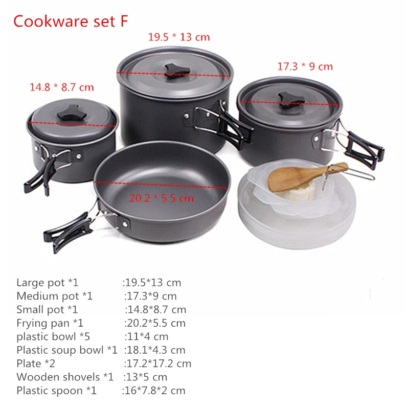 Портативный набор посуды для кемпинга посуда для походов на открытом воздухе для Пикника Сверхлегкий походный горшок чаша из сплава Ложка Вилка посуда - Цвет: Cookware set F