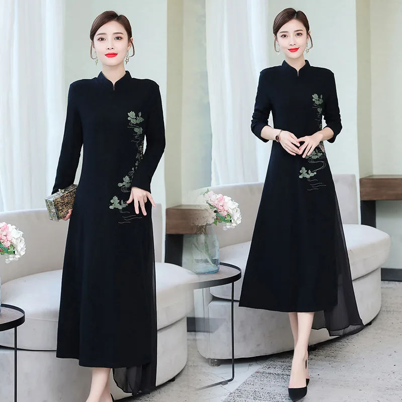 

Retro Wool Dress Women's Winter Style 2019 New Style WOMEN'S Dress Classical Lasting Appeal Improved Cheongsam Mid-length